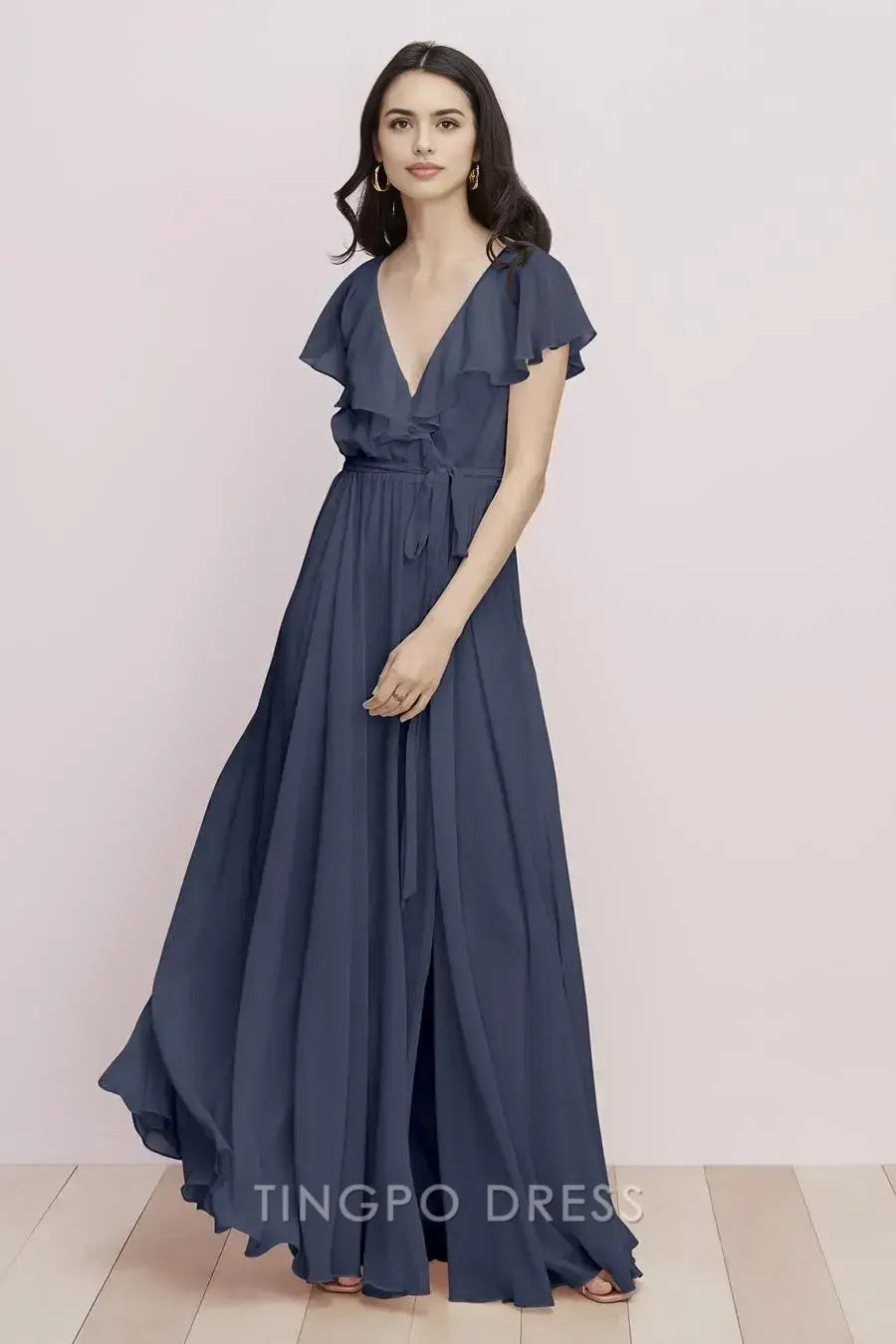 TingPo Wholesale Elegant Slate Blue Deep V Dress - Ruffled Short Sleeve Tie Waist Maxi Gown